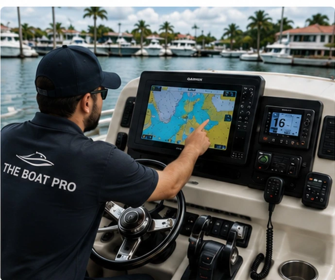Marine electronics technician servicing GPS chartplotter on a boat in Miami and Kendall