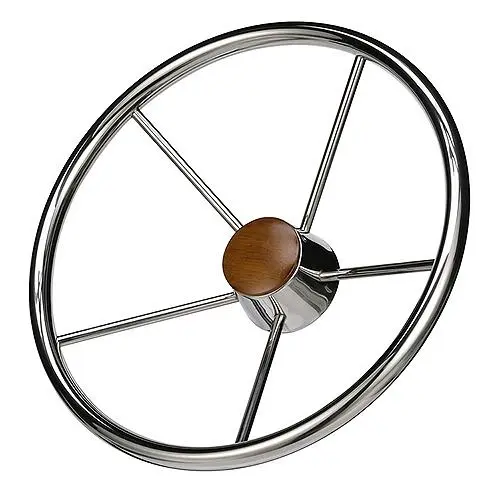 Seachoice 5 Spoke 15" Stainless Steel Destroyer Steering Wheel With Genuine Teak Cap