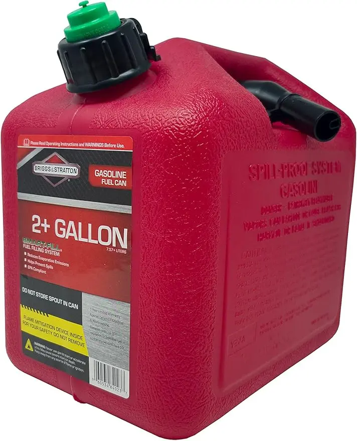 Briggs & Stratton Two Gallon Gas Can, EPA Approved, Smart Fill Spout, and Fire Mitigation (FMD) Compliant,Red